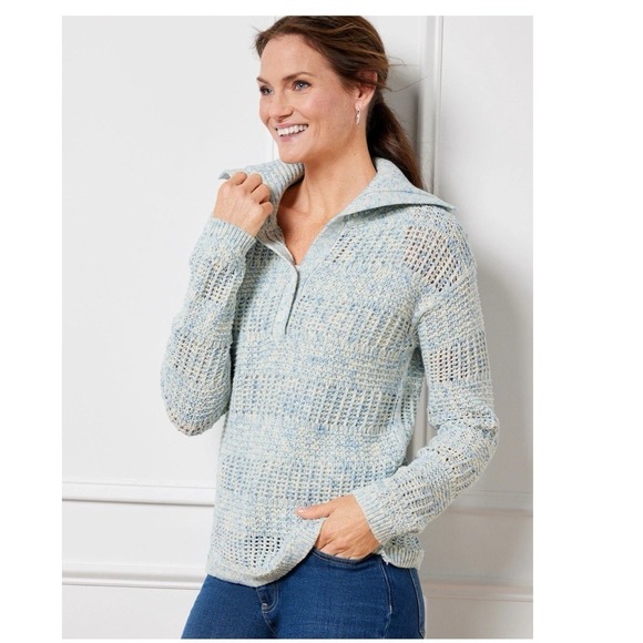 Talbots Women's‎ XL Open Stitch Sailor Collar Sweater Spray Tape Two Toned Blue - Picture 5 of 5